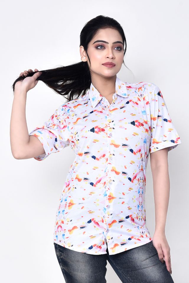 Women's Regular Fit Casual Printed Pure Microfilament Shirt with Collared Neck & Half Sleeve