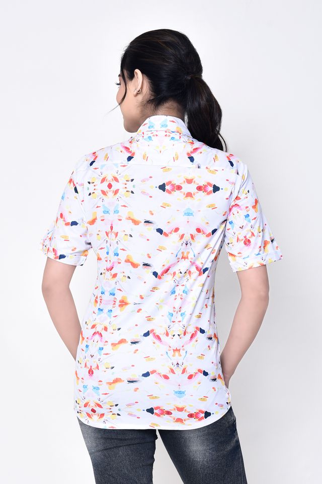 Women's Regular Fit Casual Printed Pure Microfilament Shirt with Collared Neck & Half Sleeve