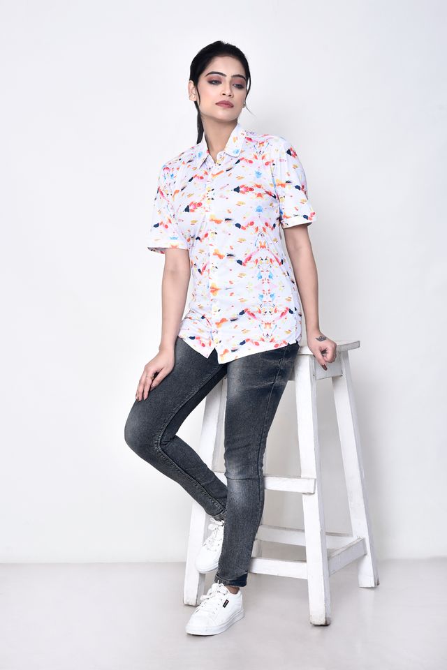 Women's Regular Fit Casual Printed Pure Microfilament Shirt with Collared Neck & Half Sleeve