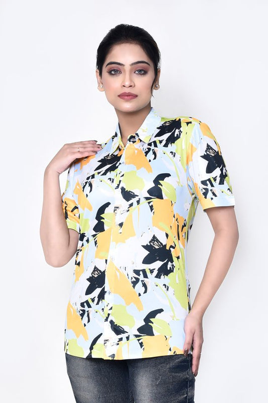 Women's Regular Fit Casual Printed Pure Microfilament Shirt with Collared Neck & Half Sleeve