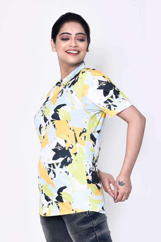 Women's Regular Fit Casual Printed Pure Microfilament Shirt with Collared Neck & Half Sleeve