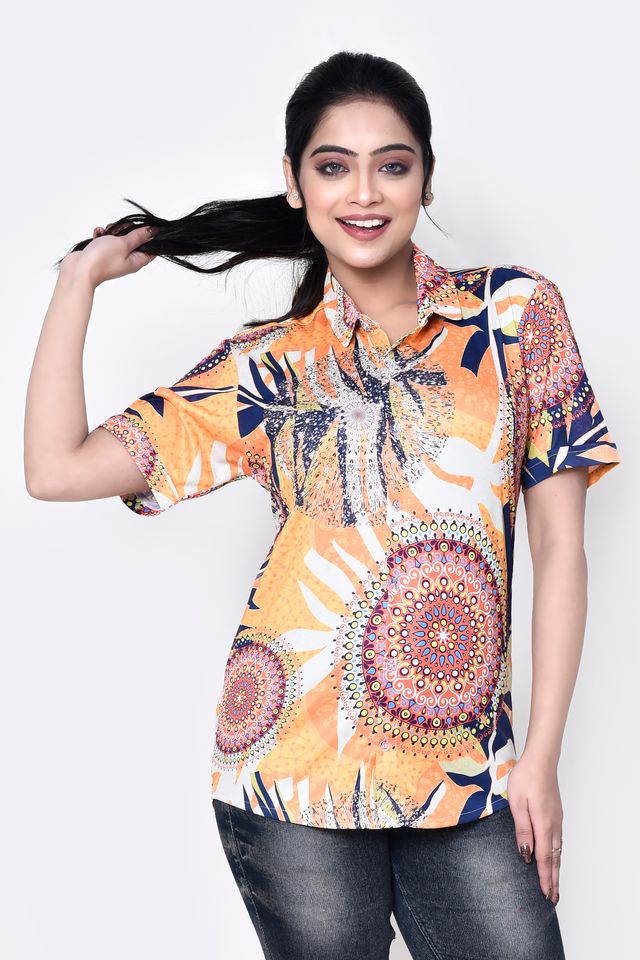 Women's Regular Fit Casual Printed Pure Microfilament Shirt with Collared Neck & Half Sleeve