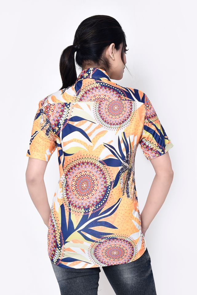 Women's Regular Fit Casual Printed Pure Microfilament Shirt with Collared Neck & Half Sleeve