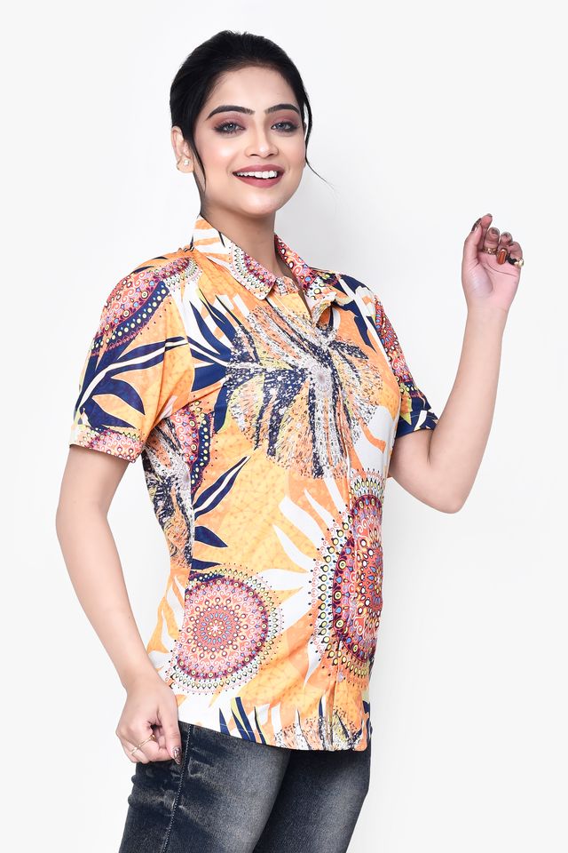 Women's Regular Fit Casual Printed Pure Microfilament Shirt with Collared Neck & Half Sleeve